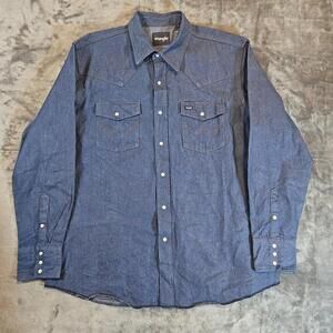 VINTAGE Wrangler Shirt Mens XL Blue Denim Pearl Snap Western Yoke Cowboy Rodeo